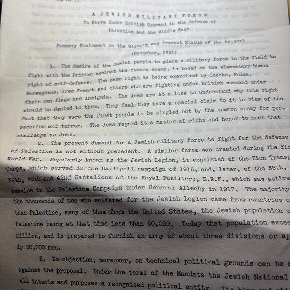 1941 Original 5-Page Document A Jewish Military Force – Historical Collectible - Picture 1 of 5